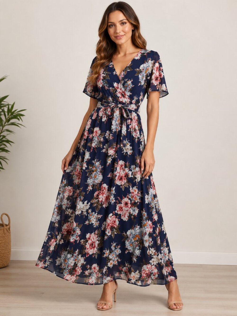 NWT ANRABESS Navy Blue Floral Wrap Maxi Dress XL Boho Belted